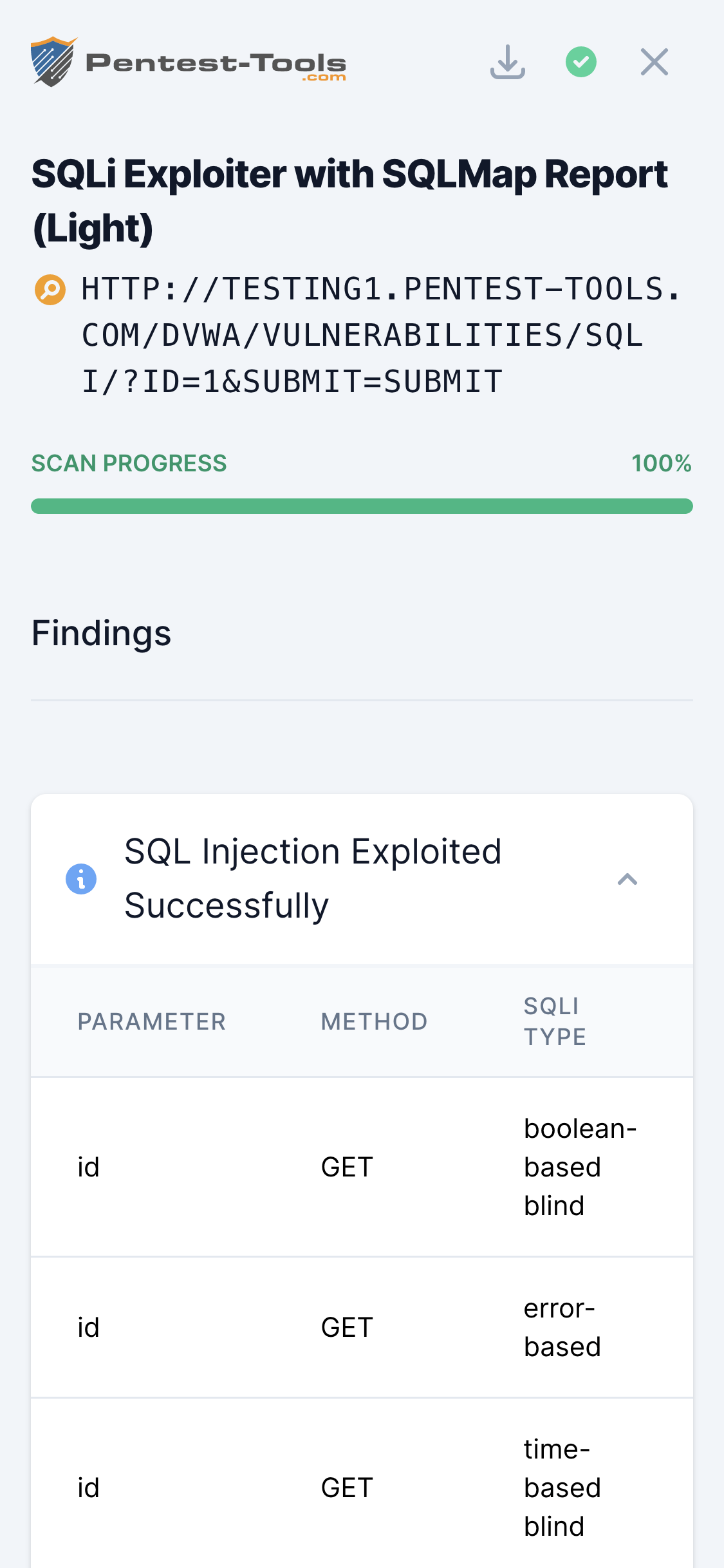 Pentest-Tools.com SQLi Exploit Tool Sample Report
