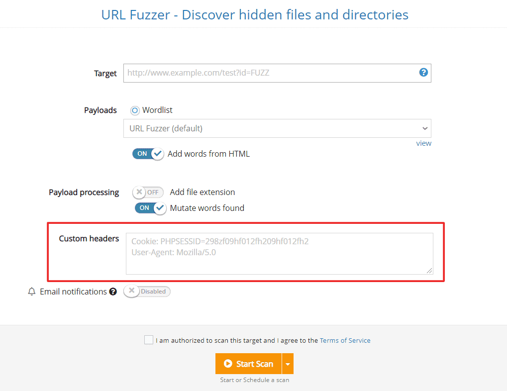 custom headers with the URL Fuzzer